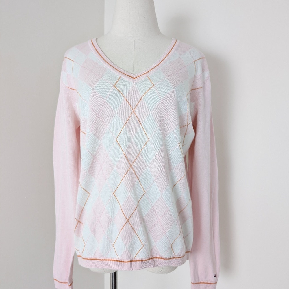 Tommy Hilfiger Argyle Sweater Long Sleeve T-shirt Pastel V-neck Preppy Orange